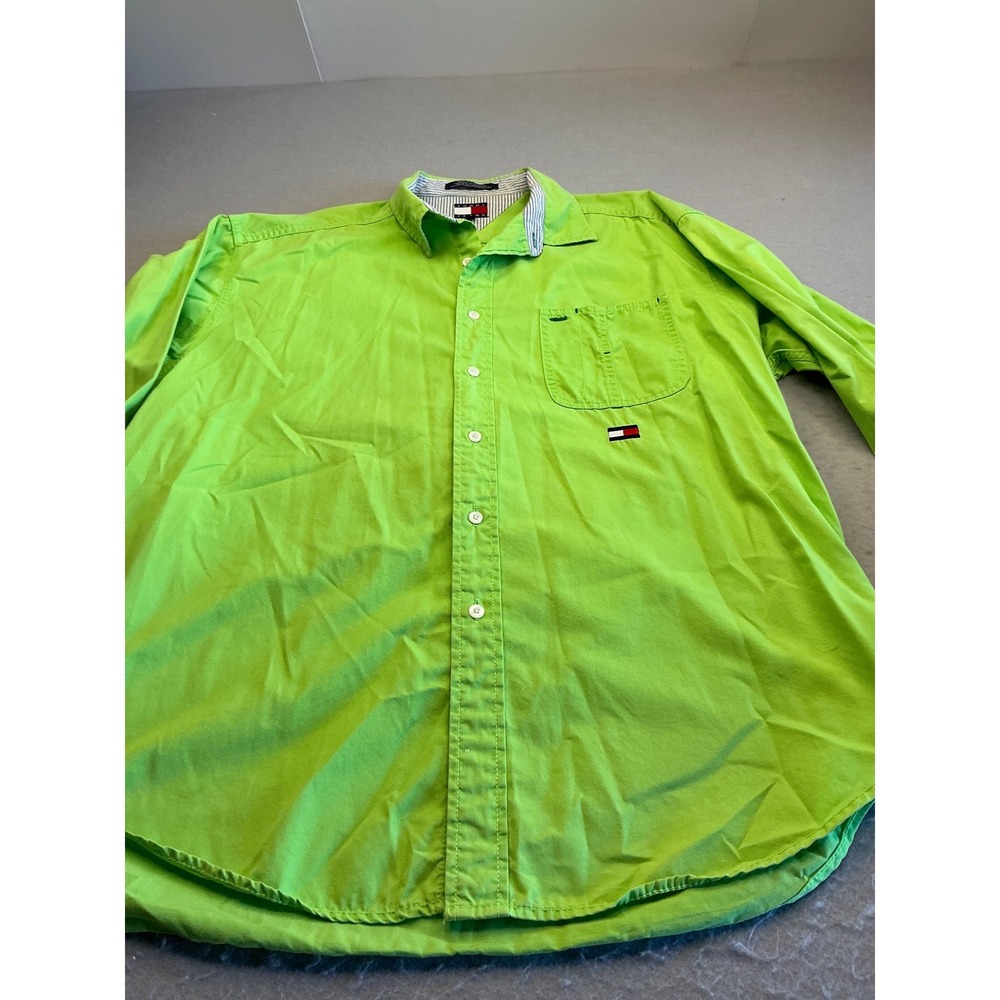 Tommy Jeans Vintage Button Down Shirt Neon Green Logo Large Y2K Streetwear Mens